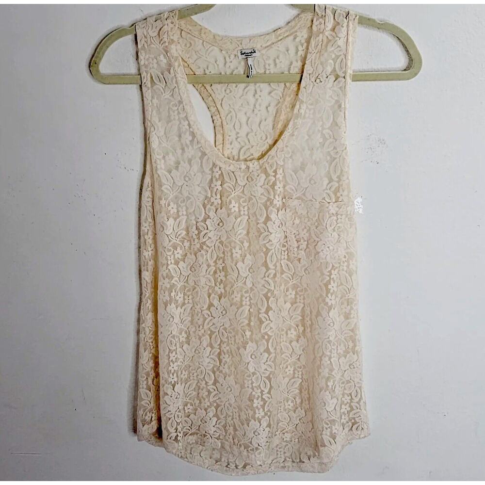 Splendid Cream Sheer Floral Lace Scoop Neck Breast Pocket Racerback Tank Medium